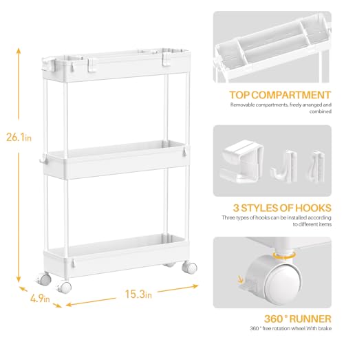 refined SPACELEAD Slim Storage Cart 3 Tier,Bathroom Organizer Rolling Utility, Mobile Essentials